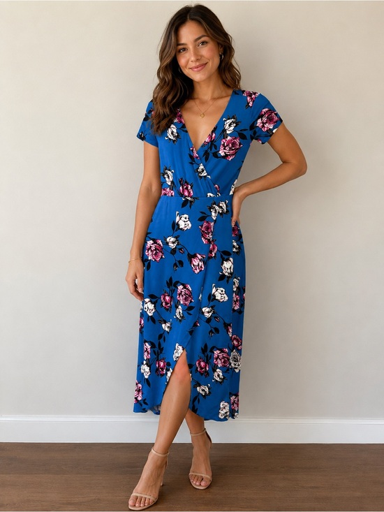 Rebel Sugar Dresses & Skirts - Rebel Sugar Blue Floral Wrap Midi Dress with Pink & White Roses Size XS